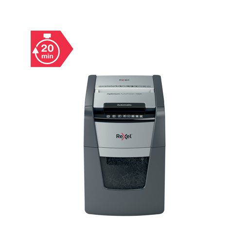 Rexel Optimum AutoFeed+ 100X cross-cut shredder automatically shreds up to 100x A4 sheets of paper (80gsm) at a time, into P-4 (4x28mm) cross-cut pieces. This auto feed shredder machine is a sophisticated office shredder, featuring a 34L pull out bin. The auto-feed removes the need to manually feed paper, and with the capability to accept staples and paper clips, the tedious process of manual removal is also unnecessary. 20 GBP /Euro Cashback Claim at www.cashback.officerewards.eu