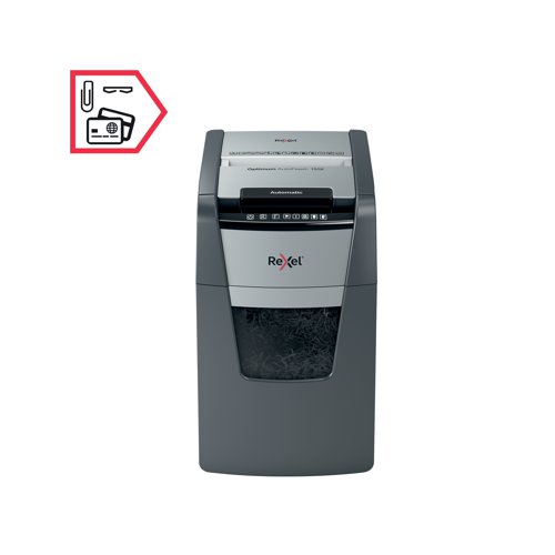 Rexel Optimum AutoFeed+ 150X cross-cut shredder automatically shreds up to 150x A4 sheets of paper (80gsm) at a time, into P-4 (4x28mm) cross-cut pieces. This auto feed shredder machine is a sophisticated office shredder, featuring a 44L pull out bin. The auto-feed removes the need to manually feed paper, and with the capability to accept staples and paper clips, the tedious process of manual removal is also unnecessary. 20 GBP /Euro Cashback Claim at www.cashback.officerewards.eu