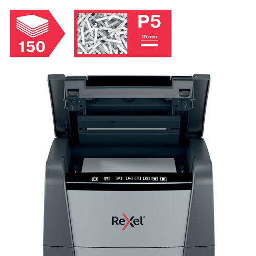 Rexel Optimum AutoFeed+ 150M Micro-Cut shredder automatically shreds up to 150x A4 sheets of paper (80gsm) at a time, into P-5 (2x15mm) micro-cut pieces. This auto feed shredder machine is a sophisticated office shredder, featuring a 44L pull out bin. The auto-feed removes the need to manually feed paper, and with the capability to accept staples and paper clips, the tedious process of manual removal is also unnecessary. 40 GBP / Euro Cashback Claim at www.cashback.officerewards.eu