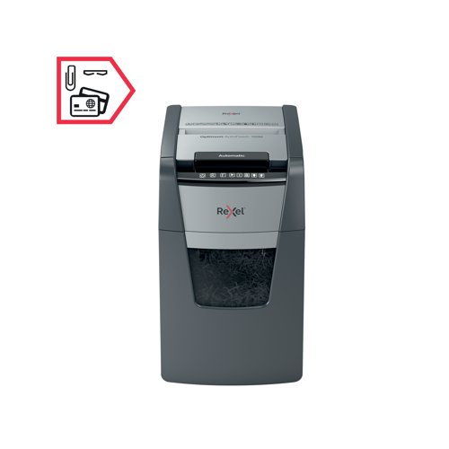 Rexel Optimum AutoFeed+ 150M Micro-Cut shredder automatically shreds up to 150x A4 sheets of paper (80gsm) at a time, into P-5 (2x15mm) micro-cut pieces. This auto feed shredder machine is a sophisticated office shredder, featuring a 44L pull out bin. The auto-feed removes the need to manually feed paper, and with the capability to accept staples and paper clips, the tedious process of manual removal is also unnecessary. 40 GBP / Euro Cashback Claim at www.cashback.officerewards.eu