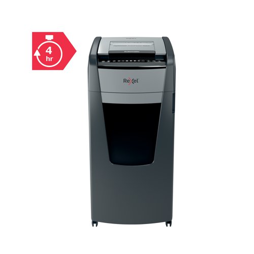Rexel Optimum AutoFeed+ 600X cross-cut shredder automatically shreds up to 600x A4 sheets of paper (80gsm) at a time, into P-4 (4x36mm) cross-cut pieces. This auto feed shredder machine is a sophisticated office shredder, featuring a 110L pull out bin. The auto-feed removes the need to manually feed paper, and with the capability to accept staples and paper clips, the tedious process of manual removal is also unnecessary. 65 GBP / Euro Cashback Claim at www.cashback.officerewards.eu