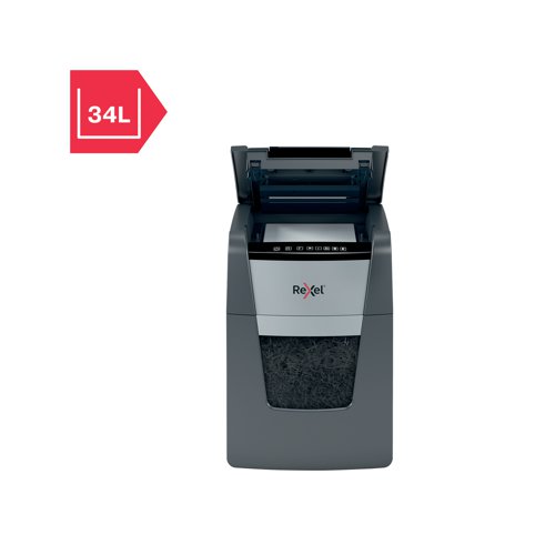 Rexel Optimum AutoFeed+ 100M micro-cut shredder automatically shreds up to 100x A4 sheets of paper (80gsm) at a time, into P-5 (2x15mm) micro-cut pieces. Featuring a 34L, pull out bin and AutoFeed function which feeds the paper, removing the necessity to manually feed or remove staples and paper clips. With a touch control panel for ease of use. 20 GBP /Euro Cashback Claim at www.cashback.officerewards.eu