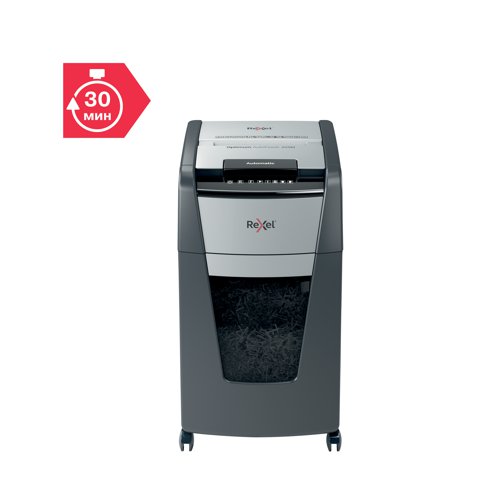 Rexel Optimum AutoFeed+ 225M Micro-Cut shredder automatically shreds up to 225x A4 sheets of paper (80gsm) at a time, into P-5 (2x15mm) micro-cut pieces. Featuring a 60L, pull out bin and AutoFeed function which feeds the paper, removing the necessity to manually feed or remove staples and paper clips. With a touch control panel for ease of use, the shredder comes complete with caster wheels, for easy movement around the workplace.