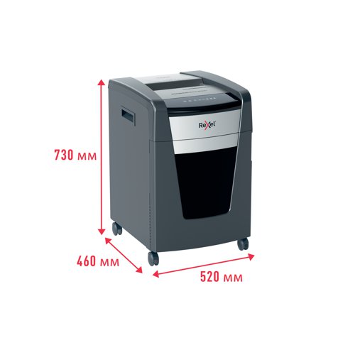 Rexel Momentum Extra jam free paper shredders are ideal for destroying confidential documents in the office. The XP514+ shredder machine shreds up to 14 sheets of A4 paper (80gsm) in one go through the manual feed slot into P-5 (2x15mm) cross-cut pieces. Active sensing technology measures the number of sheets being fed in real-time to stop paper jams and misfeeds; indicated by a red LED on the control panel. This paper shredder will not operate until the number of sheets is reduced below or at the maximum sheet capacity. This cross-cut shredder is designed for moderate to heavy use with its high sheet capacity, large 60L bin size and continuous run time. There is no need to manually feed paper, or remove staples and paper clips first. This Rexel shredder also safely shreds CDs, DVDs and credit cards through a separate feed slot.