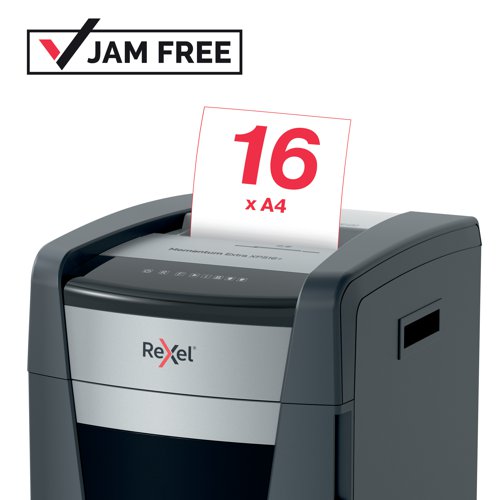 Rexel Momentum Extra jam free paper shredders are ideal for destroying confidential documents in the office. The XP516+ shredder machine shreds up to 16 sheets of A4 paper (80gsm) in one go through the manual feed slot into P-5 (2x15mm) cross-cut pieces. Active sensing technology measures the number of sheets being fed in real-time to stop paper jams and misfeeds; indicated by a red LED on the control panel. This paper shredder will not operate until the number of sheets is reduced below or at the maximum sheet capacity. This cross-cut shredder is designed for moderate to heavy use with its high sheet capacity, large 85L bin size and continuous run time. There is no need to manually feed paper or remove staples and paper clips first. This Rexel shredder also safely shreds CDs, DVDs and credit cards through a separate feed slot.