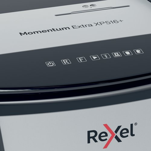 Rexel Momentum Extra jam free paper shredders are ideal for destroying confidential documents in the office. The XP516+ shredder machine shreds up to 16 sheets of A4 paper (80gsm) in one go through the manual feed slot into P-5 (2x15mm) cross-cut pieces. Active sensing technology measures the number of sheets being fed in real-time to stop paper jams and misfeeds; indicated by a red LED on the control panel. This paper shredder will not operate until the number of sheets is reduced below or at the maximum sheet capacity. This cross-cut shredder is designed for moderate to heavy use with its high sheet capacity, large 85L bin size and continuous run time. There is no need to manually feed paper or remove staples and paper clips first. This Rexel shredder also safely shreds CDs, DVDs and credit cards through a separate feed slot.