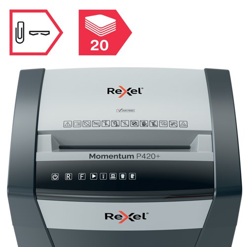Rexel Momentum Extra jam free paper shredders are ideal for destroying confidential documents in the office. The P420+ shredder machine shreds up to 20 sheets of A4 paper (80gsm) in one go through the manual feed slot into P-4 (4x40mm) micro-cut pieces. Active sensing technology measures the number of sheets being fed in real-time to stop paper jams and misfeeds, indicated by a red LED on the control panel. This paper shredder will not operate until the number of sheets is reduced below or at the maximum sheet capacity. Designed for moderate to heavy use with a large 30 litre bin capacity and continuous run time and extra long run time of up to 4 hours.