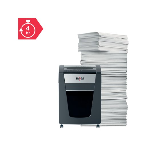 Rexel Momentum Extra jam free paper shredders are ideal for destroying confidential documents in the office. The P420+ shredder machine shreds up to 20 sheets of A4 paper (80gsm) in one go through the manual feed slot into P-4 (4x40mm) micro-cut pieces. Active sensing technology measures the number of sheets being fed in real-time to stop paper jams and misfeeds, indicated by a red LED on the control panel. This paper shredder will not operate until the number of sheets is reduced below or at the maximum sheet capacity. Designed for moderate to heavy use with a large 30 litre bin capacity and continuous run time and extra long run time of up to 4 hours.