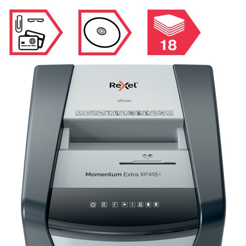 Rexel Momentum Extra jam free paper shredders are ideal for destroying confidential documents in the office. The XP418+ shredder machine shreds up to 18 sheets of A4 paper (80gsm) in one go through the manual feed slot into P-4 (4x40mm) cross-cut pieces. Active sensing technology measures the number of sheets being fed in real-time to stop paper jams and misfeeds, indicated by a red LED on the control panel. This paper shredder will not operate until the number of sheets is reduced below or at the maximum sheet capacity. Designed for moderate to heavy use with a large 45 litre bin capacity. This Rexel shredder also safely shreds CDs, DVDs and credit cards through a separate feed slot.