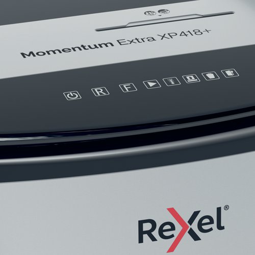 Rexel Momentum Extra jam free paper shredders are ideal for destroying confidential documents in the office. The XP418+ shredder machine shreds up to 18 sheets of A4 paper (80gsm) in one go through the manual feed slot into P-4 (4x40mm) cross-cut pieces. Active sensing technology measures the number of sheets being fed in real-time to stop paper jams and misfeeds, indicated by a red LED on the control panel. This paper shredder will not operate until the number of sheets is reduced below or at the maximum sheet capacity. Designed for moderate to heavy use with a large 45 litre bin capacity. This Rexel shredder also safely shreds CDs, DVDs and credit cards through a separate feed slot.