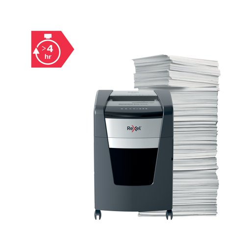 Rexel Momentum Extra jam free paper shredders are ideal for destroying confidential documents in the office. The XP512+ shredder machine shreds up to 12 sheets of A4 paper (80gsm) in one go through the manual feed slot into P-5 (2x15mm) cross-cut pieces. Active sensing technology measures the number of sheets being fed in real-time to stop paper jams and misfeeds; indicated by a red LED on the control panel. This paper shredder will not operate until the number of sheets is reduced below or at the maximum sheet capacity. This cross-cut shredder is designed for moderate to heavy use with its high sheet capacity, large 45L bin size and continuous run time. There's no need to manually feed paper, or remove staples and paper clips first; this Rexel shredder also safely shreds CDs, DVDs and credit cards through a separate feed slot.