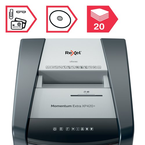 Rexel Momentum Extra jam free paper shredders are ideal for destroying confidential documents in the office. The XP420+ shredder machine shreds up to 20 sheets of A4 paper (80gsm) in one go through the manual feed slot into P-4 (4x40mm) cross-cut pieces. Active sensing technology measures the number of sheets being fed in real-time to stop paper jams and misfeeds; indicated by a red LED on the control panel. This paper shredder will not operate until the number of sheets is reduced below or at the maximum sheet capacity. This cross-cut shredder is designed for moderate to heavy use with its high sheet capacity, large 60L bin size and continuous run time. There's no need to manually feed paper, or remove staples and paper clips first; this Rexel shredder also safely shreds CDs, DVDs and credit cards through a separate feed slot.