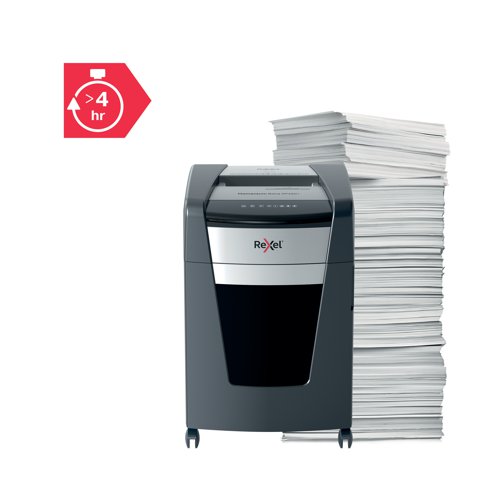 Rexel Momentum Extra jam free paper shredders are ideal for destroying confidential documents in the office. The XP420+ shredder machine shreds up to 20 sheets of A4 paper (80gsm) in one go through the manual feed slot into P-4 (4x40mm) cross-cut pieces. Active sensing technology measures the number of sheets being fed in real-time to stop paper jams and misfeeds; indicated by a red LED on the control panel. This paper shredder will not operate until the number of sheets is reduced below or at the maximum sheet capacity. This cross-cut shredder is designed for moderate to heavy use with its high sheet capacity, large 60L bin size and continuous run time. There's no need to manually feed paper, or remove staples and paper clips first; this Rexel shredder also safely shreds CDs, DVDs and credit cards through a separate feed slot.