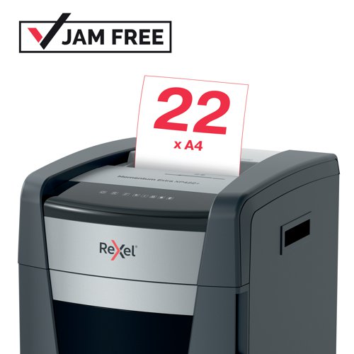 Rexel Momentum Extra jam free paper shredders are ideal for destroying confidential documents in the office. The XP422+ shredder machine shreds up to 22 sheets of A4 paper (80gsm) in one go through the manual feed slot into P-4 (4x40mm) cross-cut pieces. Active sensing technology measures the number of sheets being fed in real-time to stop paper jams and misfeeds; indicated by a red LED on the control panel. This paper shredder will not operate until the number of sheets is reduced below or at the maximum sheet capacity. This cross-cut shredder is designed for moderate to heavy use with its high sheet capacity, large 85L bin size and continuous run time. There's no need to manually feed paper, or remove staples and paper clips first; this Rexel shredder also safely shreds CDs, DVDs and credit cards through a separate feed slot.