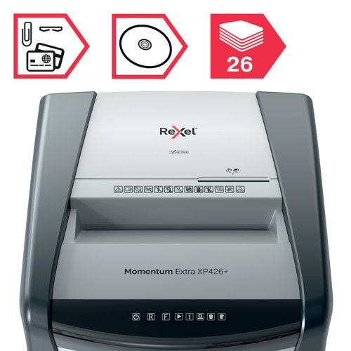 Rexel Momentum Extra jam free paper shredders are ideal for destroying confidential documents in the office. The XP426+ shredder machine shreds up to 26 sheets of A4 paper (80gsm) in one go through the manual feed slot into P-4 (4x40mm) cross-cut pieces. Active sensing technology measures the number of sheets being fed in real-time to stop paper jams and misfeeds; indicated by a red LED on the control panel. This paper shredder will not operate until the number of sheets is reduced below or at the maximum sheet capacity. This cross-cut shredder is designed for moderate to heavy use with its high sheet capacity, large 120L bin size and continuous run time. There's no need to manually feed paper, or remove staples and paper clips first; this Rexel shredder also safely shreds CDs, DVDs and credit cards through a separate feed slot.
