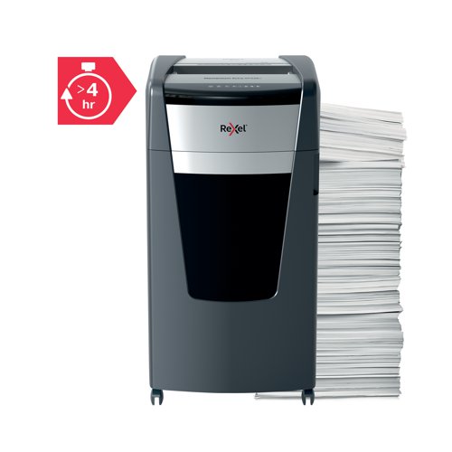 Rexel Momentum Extra jam free paper shredders are ideal for destroying confidential documents in the office. The XP426+ shredder machine shreds up to 26 sheets of A4 paper (80gsm) in one go through the manual feed slot into P-4 (4x40mm) cross-cut pieces. Active sensing technology measures the number of sheets being fed in real-time to stop paper jams and misfeeds; indicated by a red LED on the control panel. This paper shredder will not operate until the number of sheets is reduced below or at the maximum sheet capacity. This cross-cut shredder is designed for moderate to heavy use with its high sheet capacity, large 120L bin size and continuous run time. There's no need to manually feed paper, or remove staples and paper clips first; this Rexel shredder also safely shreds CDs, DVDs and credit cards through a separate feed slot.