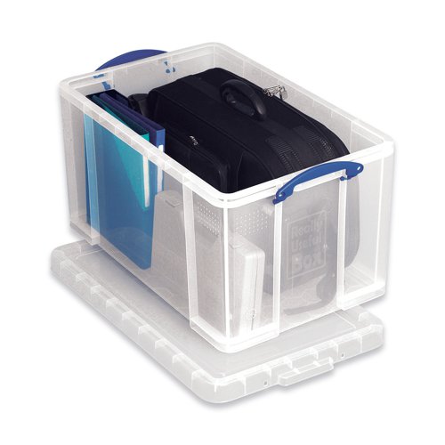 Save time and space with a Really Useful 84 litre storage box. Solid, strong and stackable with a lid that locks securely in to place, it comes as part of a fully interchangeable range.  A clear polypropylene container which lets you see easily what's stashed inside.  Designed to be versatile, it is a great way to keep odds and ends neatly stored or could even serve as a low-cost filing solution.