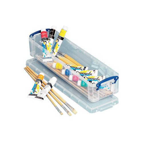 Big enough for a 30cm ruler, this Clear 1.5L Pencil/Stationery Box from Really Useful is ideal for storage of all your stationery supplies. Measuring 100x355x70mm, it provides plenty of space for pens, pencils, rubbers, rulers and other essential stationery. The lid locks securely to keep everything neatly contained, and is also clear to clearly show the contents - great for a well-organised desk or drawer.