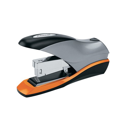 The Rexel Optima 70 stapler features a low force action for stapling up to 70 sheets of 80gsm paper. With a durable metal design and a throat depth of 68mm, the stapler has an easy to use, top loading mechanism for fast and simple refilling. It also offers jam-free, flat clinch stapling with up to 50% less effort. It comes with a pack of 500 HD70 staples and has a stylish silver, black and orange design.
