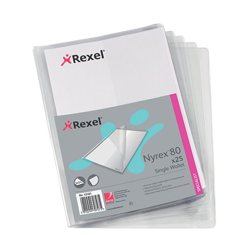 This Rexel Nyrex wallet features a single vertical storage pocket, which opens on 2 sides for filing and storage of A4 documents. Made from premium 100 micron PVC, the pocket also features reinforced edges for extra strength and durability. This pack contains 25 clear wallets.
