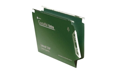 The Crystalfile Extra Lateral File has a tough polypropylene construction, which is designed to last up to 5 times longer than a standard manilla file. The 330mm bar features extra long identification tabs for improved visibility of contents. The file has a standard 15mm capacity, which holds up to 150 sheets of 80gsm paper. This pack contains 25 green A4 files.
