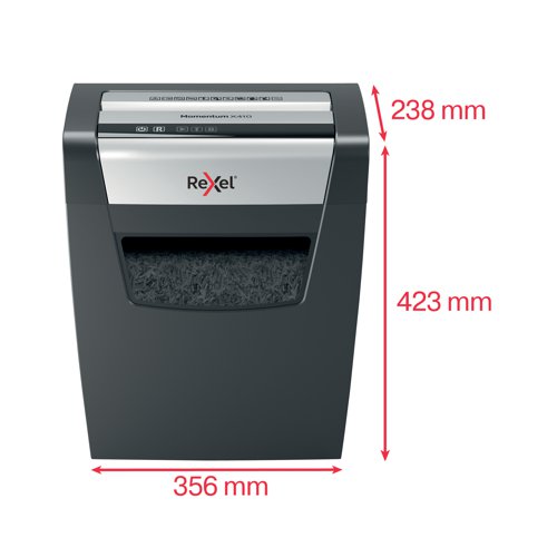 Rexel Momentum X410 Paper Shredder shreds up to 10 sheets in one go, with a 6 minute continuous run time, making it ideal for home use. The X410 comes with anti jam technology to guarantee uninterrupted shredding. With P-4 security which cross-cuts 4 x 28 mm pieces, the shredder is quiet, with simple, intuitive, touch control buttons for easy operation and a generous 23 Litre bin capacity (225 A4 sheets). 10 GBP / Euro Cashback Claim at www.cashback.officerewards.eu