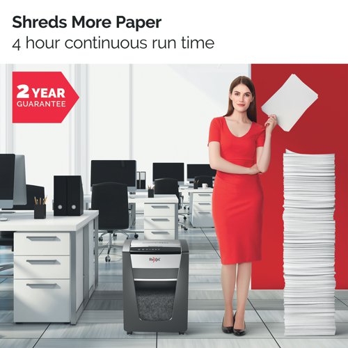 Rexel Momentum M515 Paper Shredder shreds up to 15 sheets in one go, with a 4 hour continuous run time, making it ideal for a small office. The M515 comes with anti jam technology to guarantee uninterrupted shredding. With P-5 security which micro-cuts 2 x 15 mm pieces and more shredding before the bin becomes full. The shredder is quiet, with simple, intuitive, touch control buttons for easy operation and features a generous 30 Litre bin capacity (300 A4 sheets).