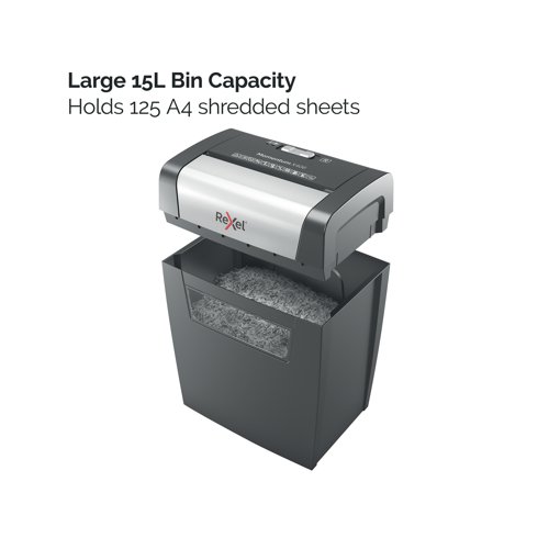 Rexel Momentum X406 Shredder easily shreds multiple documents, even with staples and paper clips attached at the corners. It can shred up to 6 pieces of paper in one go with a three-minute continuous run time and a generous 15-litre bin capacity that can hold up to 125 sheets of A4 paper.