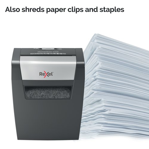 Rexel Momentum X406 Shredder easily shreds multiple documents, even with staples and paper clips attached at the corners. It can shred up to 6 pieces of paper in one go with a three-minute continuous run time and a generous 15-litre bin capacity that can hold up to 125 sheets of A4 paper.
