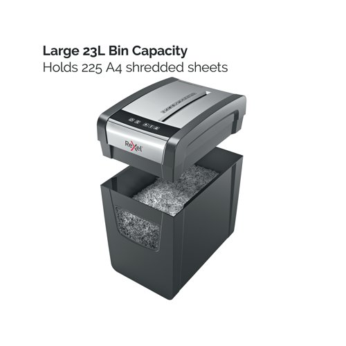 Rexel Momentum X410-SL Slimline Paper Shredder shreds up to 10 sheets in one go, with a 6 minute continuous run time and a slimmer design making it ideal for home use. The Slim X410-SL comes with anti jam technology to guarantee uninterrupted shredding. With P-4 security which cross-cuts 4 x 28 mm pieces, the shredder is quiet, with simple, intuitive, touch control buttons for easy operation and a generous 23 Litre bin capacity (225 A4 sheets). 10 GBP / Euro Cashback Claim at www.cashback.officerewards.eu