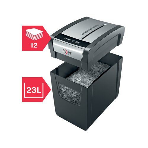 Rexel Momentum X312-SL Slimline Paper Shredder shreds up to 12 sheets in one go, with a 6 minute continuous run time and a slimmer design making it ideal for home use. The Slim X312-SL comes with anti jam technology to guarantee uninterrupted shredding. With P-3 security which cross-cuts 5 x 42 mm pieces, the shredder is quiet, with simple, intuitive, touch control buttons for easy operation and a generous 23 Litre bin capacity (200 A4 sheets).