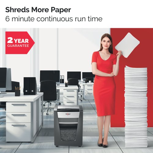 Rexel Momentum X312-SL Slimline Paper Shredder shreds up to 12 sheets in one go, with a 6 minute continuous run time and a slimmer design making it ideal for home use. The Slim X312-SL comes with anti jam technology to guarantee uninterrupted shredding. With P-3 security which cross-cuts 5 x 42 mm pieces, the shredder is quiet, with simple, intuitive, touch control buttons for easy operation and a generous 23 Litre bin capacity (200 A4 sheets).