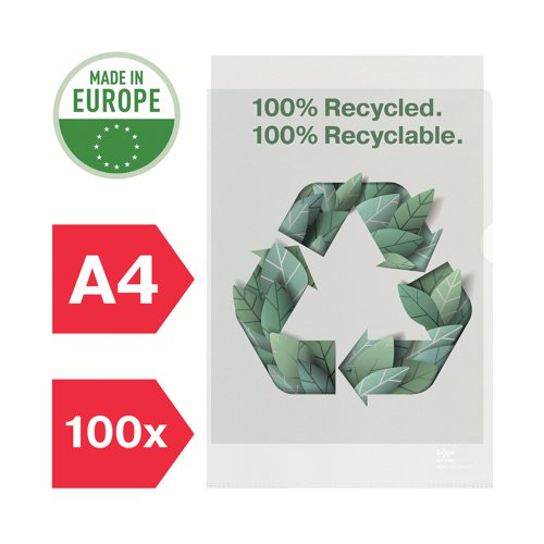 Eco-friendly A4 document folder made from strong 100% recycled PP. For protecting documents on the go and organising papers at work and at home. The entire product can be reused and recycled again. It is packed in a cardboard box which is also 100% recycled and recyclable. Made in Europe. Recycled content confirmed by UL.