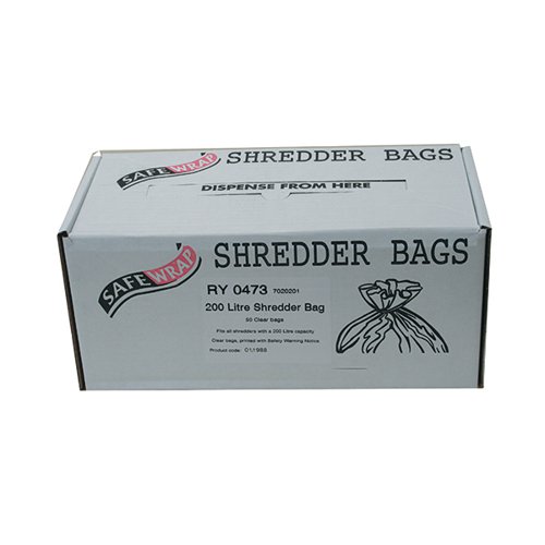 Safewrap Shredder Bags are made of durable, high-density polythene which makes them the ideal long-lasting shredder waste collection solution for your home or office. Designed to fit standard shredder bins, these bags hold 200 litres of waste while maintaining their integrity to avoid rips or spills. Supplied in a box of 100 bags for your convenience, these liners are long lasting essentials that keep going for as long as you need them.