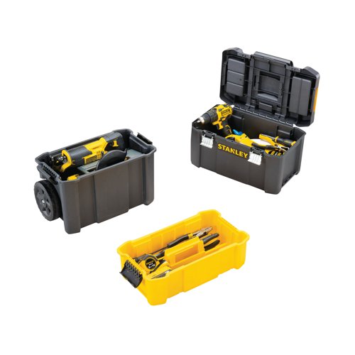 SB01518 | The Stanley 3 Tier Rolling Workshop is perfect for everyday storage. The mobile workshop is made up of 3 tiers. There is a large 18 inch removable tool box with integral compartmental organiser trays for small parts and accessories. The removable middle tote tray can store smaller tools and accessories. The large 18 inch bin is for larger tools and power tools. The unit has geometric metal latches, padlock loop for security and 7 inch wheels for portability.