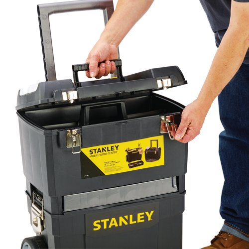 The Stanley 2 In 1 Rolling Workshop is perfect for everyday storage. The mobile workshop can separate in seconds into 2 units. There is an extra large tool box with removable tote tray for maximum volume utility. While the giant lower bin is ideal for bulky materials and equipment, the swivel front drawer (carousel) and lid organiser is for small parts. The unit has nickel plated metal latches, telescopic handle and heavy duty road tested wheels. Fold the handle down and the rolling workshop conveniently fits into your car.