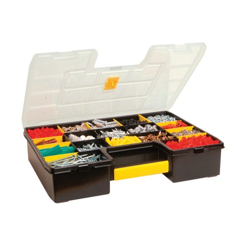SB47452 | The Stanley Sortmaster organiser has removable dividers allowing for combination of tools and small parts storage. The lid has a special structure where the upper ribs interlock with inner dividers to keep small parts in place and prevent movement from one compartment to another. The unique angled corners accommodate angled tools such as hammers. The organiser measures 43x9x33cm in size and when empty weighs 1.065kg.
