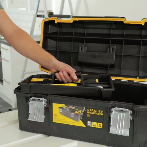 SB47490 | The Stanley FatMax Waterproof Toolbox is a new waterproof storage solution with all round water seal for the ultimate protection of equipment. The toolbox has been constructed of structural foam for extra strength and the tough ergonomic soft grip handle allows heavy loads to be carried with ease. The extra large storage capacity is ideal for large tools and accessories while the portable tote tray is designed to carry tools and small parts. The lid has an integrated V-Groove on top for sawing work, suitable for working with pipes and lumber. The toolbox has large metal rust proof latches with padlock for locking possibilities and measures 71x31.8x28.5cm in size.