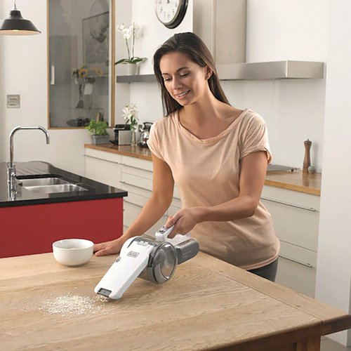 The Black and Decker dustbuster pivot is a cordless handheld vacuum cleaner that gives you the performance you need to clean any surface around the home. The patented nozzle design pivots up to 200 degrees, helping you to access awkward spaces from any angle. The flip out soft brush is ideal for delicate surfaces, whilst the integrated extendable crevice makes cleaning between sofa cushions and car seats quick and easy. The 18V lithium-ion battery provides high performance fade-free power throughout the battery runtime, whilst the Eco Smart charger takes just 4 hours to charge the battery from empty.