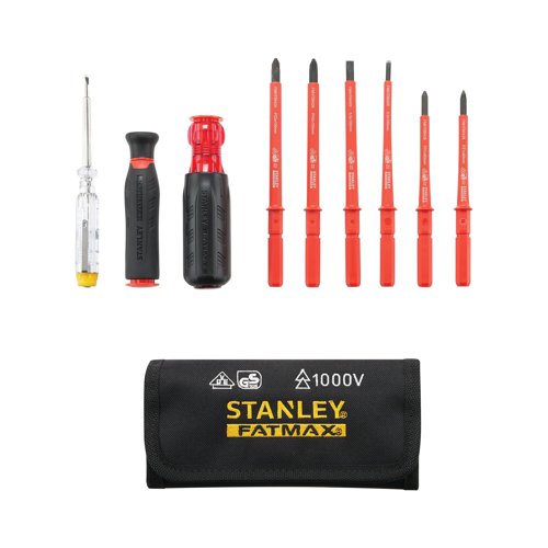 These high-performance, insulated screwdrivers have been designed specifically for service work around high voltage applications, and are certified for professional electrical applications with VDE approval to 1,000V. Delivered in a robust material tool pouch, this versatile set incorporates two different handles 1 x full-sized handle with a large, comfortable soft-grip handle, delivering excellent torque for driving screws, and 1 x small precision handle with swivelling head for faster operation and better tightening control. Offering excellent value, the Stanley Fatmax VDE Multi-Bit 10 Piece Screwdriver Set comes with a range of screwdriver bars featuring Slotted, PH1, PH2, PZ1 and PZ2 tips, plus a mains tester (125-250V) and durable, compact pouch for easy carrying and storage.