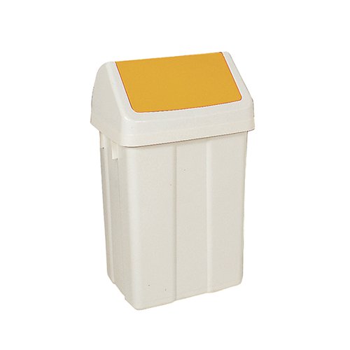 Easy to wipe clean, this plastic bin comes complete with a swing top lid for easy access. Ideal for general use in offices, schools, hospitals and more, the bin has a generous 50 litre capacity. This white bin has a yellow lid, ideal for colour coordinated waste segregation. The bin measures W290 x D360 x 645mm.