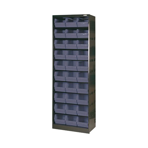 SBY19127 | This VFM Metal Bin Cupboard features an array of bin storage units, made from sturdy polypropylene, that are perfect for storing components and small objects up to 295mm in length. Each bin rests on metal poles that make it easy to pull out and inspect the contents - or use the included labels for a comprehensive index. The outer case is made of strong steel for increased durability.