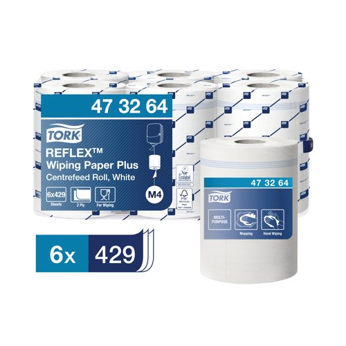 This two-ply Tork Reflex wiping paper plus is designed to take on any task that requires strength and absorbency whether it is quickly drying hands or mopping up liquids. For use with Tork's single sheet centrefeed dispenser systems to reduce consumption by 37%, saving money on industrial paper rolls. The absorbent, two-ply white paper comes on 150.2m rolls, with 429 sheets per roll. This pack contains 6 rolls.