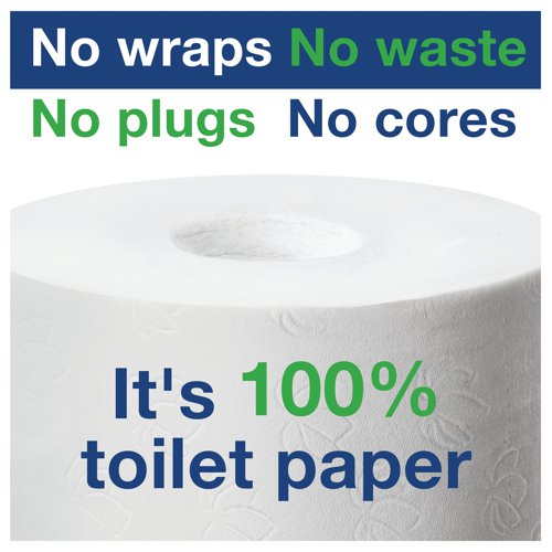 SCA01723 | Keep medium to high traffic washrooms well stocked and costs down with this affordable bulk toilet paper. These rolls hold up to 4.5 times more paper than conventional rolls, saving time on refills. The Tork easy handling plastic packaging makes package carrying and disposal simple, while the zero-waste coreless refills reduce the amount of packaging to throw away. The compatible toilet roll dispenser holds two full rolls. Each roll contains 1,300 1-ply sheets of high quality, absorbent paper.