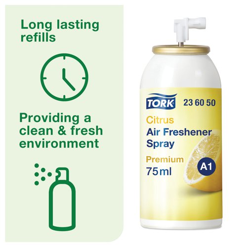 Tork Citrus Air Freshener Spray will effectively banish unpleasant smells in any washroom. A combination of concentrated air fragrance oils and odour neutralising agents provide a fresh scent 24 hours a day. Fit this efficient automatic air freshener spray inside the Tork Air Freshener Spray Dispenser and place it wherever required. The adjustable settings ensure this air freshener refill is suitable for a wide variety of washroom environments. This pack contains 12 refill bottles.