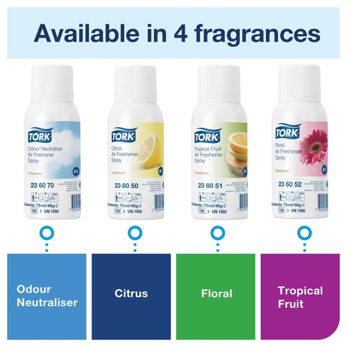 SCA03008 | Tork Citrus Air Freshener Spray will effectively banish unpleasant smells in any washroom. A combination of concentrated air fragrance oils and odour neutralising agents provide a fresh scent 24 hours a day. Fit this efficient automatic air freshener spray inside the Tork Air Freshener Spray Dispenser and place it wherever required. The adjustable settings ensure this air freshener refill is suitable for a wide variety of washroom environments. This pack contains 12 refill bottles.