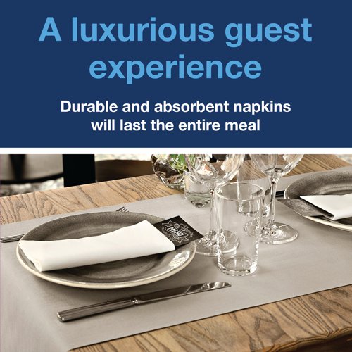 SCA04735 | These quality, Tork LinStyle dinner napkins are ideal for restaurants and hospitality featuring the look and feel of luxury linen but are single use, so laundry services are not required. The durable non-woven fabric provides high strength and absorbency, as well as a high tear resistance. Each white, 1-ply napkin measures 390 x 390mm (unfolded). This pack contains 50 napkins.