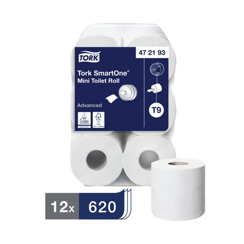 Designed for SmartOne Mini Twin dispensers, in spaces with low, medium or high traffic, this pack of twelve toilet rolls is the ideal choice for a hygienic washroom. Each roll in this pack has over 100 metres of high quality 2-ply toilet tissue featuring a SmartCore core for simple refilling. The single sheet dispensing system cuts use by up to 40% compared to traditional jumbo toilet roll dispensers, lowering consumption and costs. These rolls are environmentally friendly, made from 75% recycled paper which disintegrates quickly for reduced maintenance.