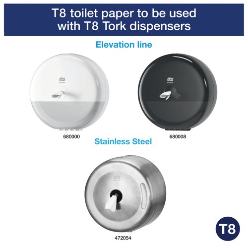 SCA05853 | The Tork SmartOne toilet roll is a high capacity roll which fits into a range of SmartOne dispensers for demanding washrooms with high traffic, providing one sheet at a time for hygienic use. This pack of six toilet rolls is environmentally friendly, made from 75% recycled paper. Each roll contains 1,150 sheets of high quality 2-ply toilet tissue which disintegrates quickly, helping to prevent blocked pipes.