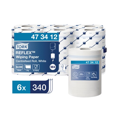 SCA06256 | Designed for use in the Tork M4 Reflex dispenser, this strong and absorbent multipurpose wiping paper is suitable for wiping and drying surfaces, equipment and hands. The centrefeed design reduces consumption by up to 37% and minimises the risk of cross-contamination. The 1-ply, industrial paper roll features QuickDry technology and SmartCore core removal and comes on 114m rolls with 340 sheets per roll. Supplied in a pack of 6 rolls.